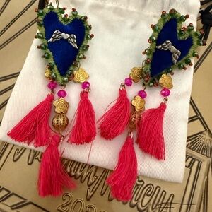 Heart-Shaped Blue and Pink Tassel Earrings